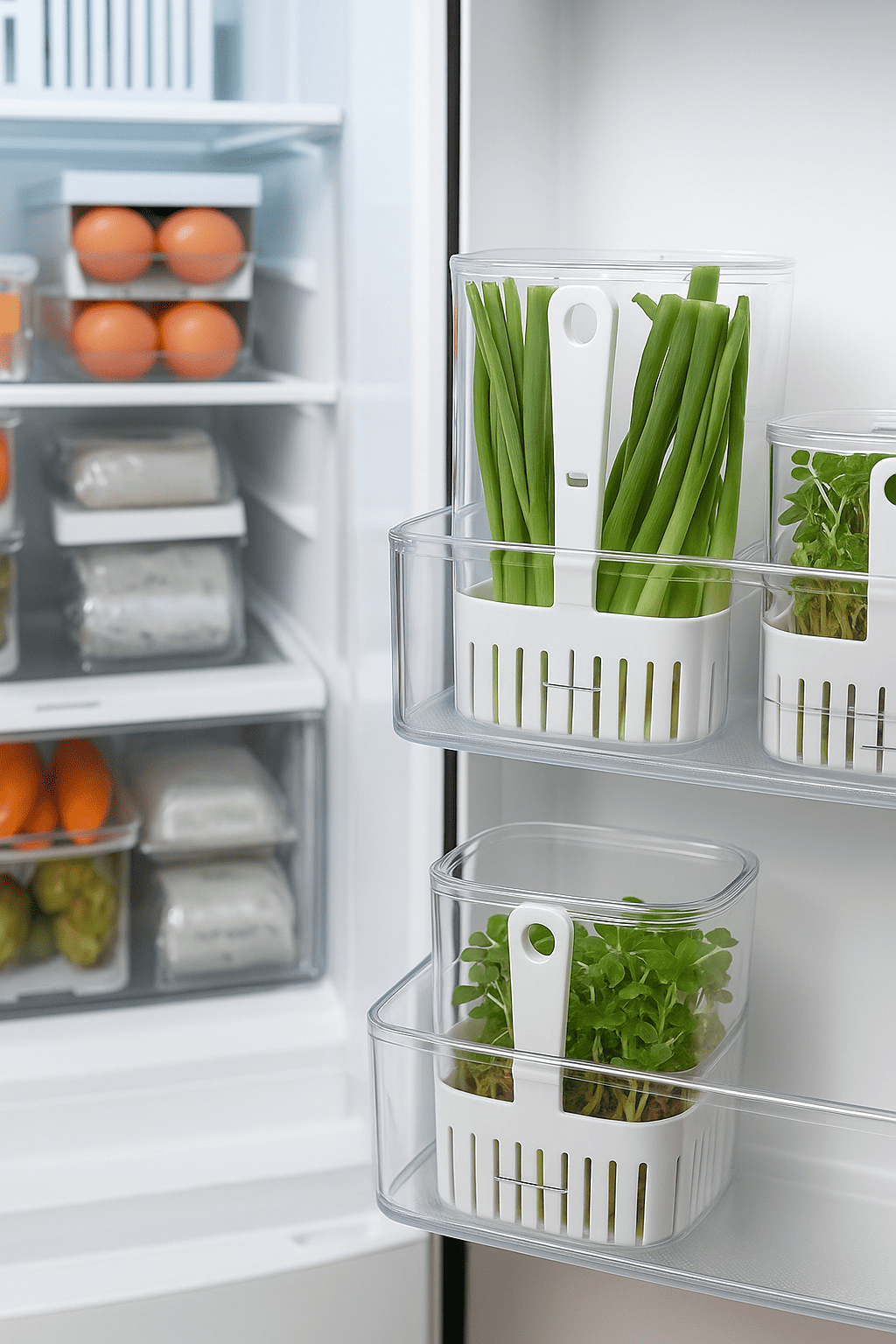 Pote Organizador 3 em 1 para Geladeira – Lave, Escorra e Armazene com Praticidade